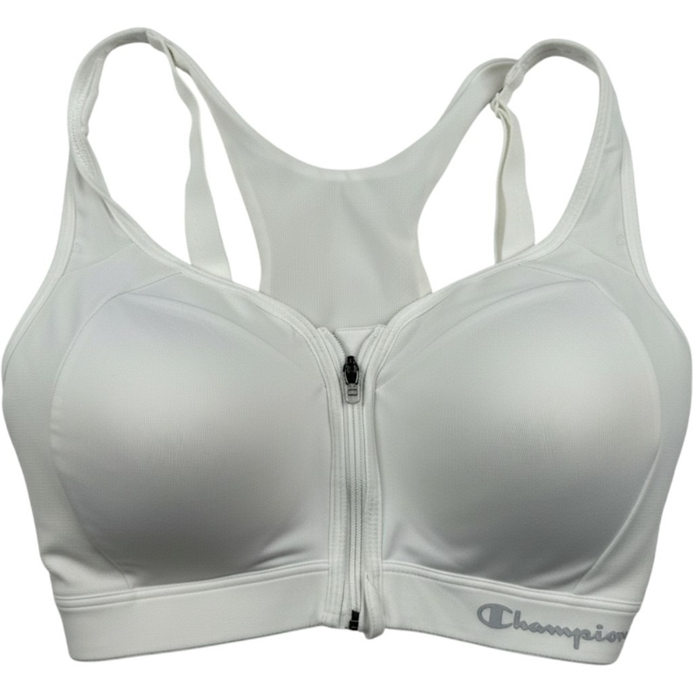 Champion White High Impact Front Zip Sports Bra 34DD B1525 Racerback Mesh
